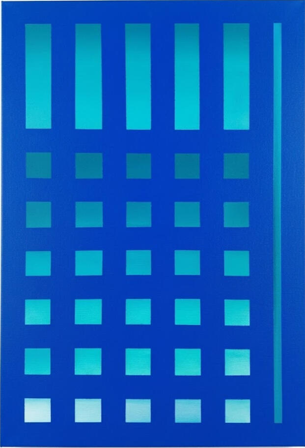 "Secuencia cromática" Lienzo 3D 60X90 cm. Cuadro azul geomético. Artista Isaac Mayor Art pintura acrílica contemporánea en Palma de Mallorca.